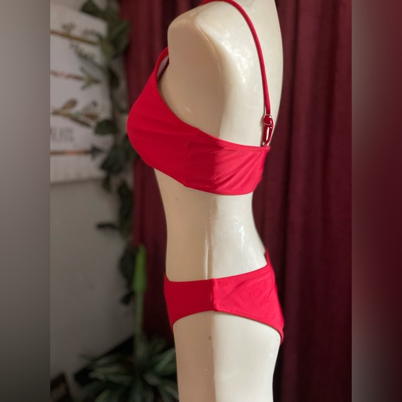 Ribbed One Shoulder Bikini 2 piece swimsuit bathing suit red size medium padded* - Picture 4 of 10